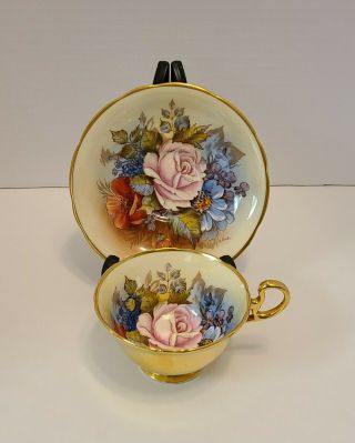 Aynsley Gold Teacup & Saucer Cabbage Rose Signed J.  A.  Bailey