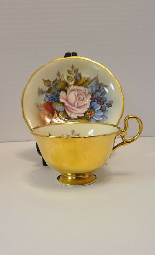 AYNSLEY GOLD TEACUP & SAUCER CABBAGE ROSE SIGNED J.  A.  BAILEY 2