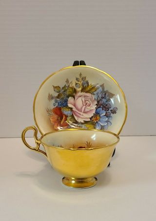 AYNSLEY GOLD TEACUP & SAUCER CABBAGE ROSE SIGNED J.  A.  BAILEY 4