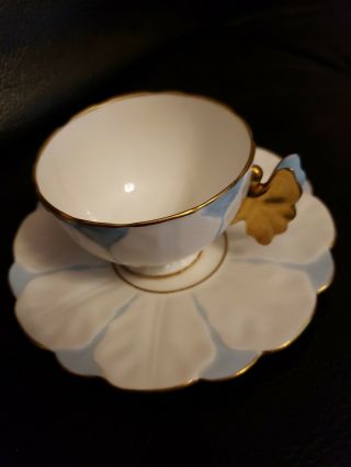 Aynsley Flower Design Gold Butterfly Handle Cup And Saucer Set - White And Blue