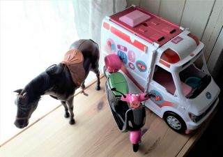 Bundle Of Barbie Vehicles/barbie Care Clinic Playset/horse/scooter