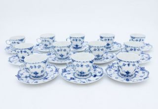 12 Cups & Saucers 1037 - Blue Fluted Royal Copenhagen - Full Lace - 1st Quality