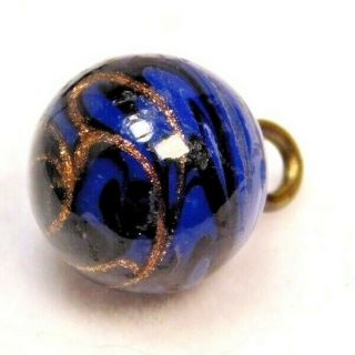 Antique Vtg Button Vivid Cobalt Blue Glass Ball W Black & Goldstone Swirls J5