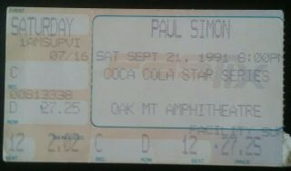 Paul Simon Concert Ticket Stub.  Graceland Tour.  Oak Mountain Alabama 9/21/91