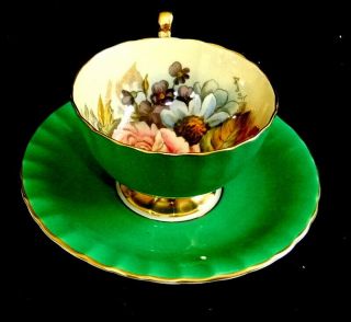 Deep Green Aynsley Cabbage Rose Cup And Saucer Signed J.  A.  Bailey