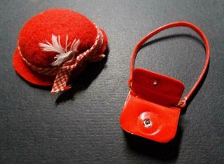 Vintage Barbie Skipper School Girl Red Felt Hat Feather And Red Purse