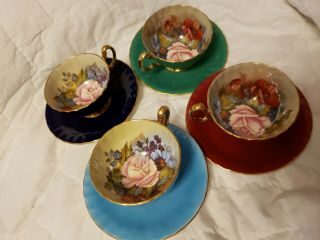 4 Spectacular Aynsley Cabbage Rose Teacups & Saucers - Signed - J.  A.  Bailey