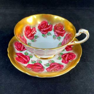Vintage Paragon Double Warrant Red Cabbage Roses Heavy Gold Cup & Saucer A4737