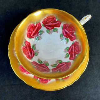 Vintage Paragon Double Warrant Red Cabbage Roses HEAVY GOLD Cup & Saucer A4737 2