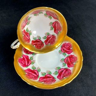 Vintage Paragon Double Warrant Red Cabbage Roses HEAVY GOLD Cup & Saucer A4737 3
