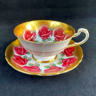 Vintage Paragon Double Warrant Red Cabbage Roses HEAVY GOLD Cup & Saucer A4737 6