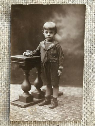 Rppc Child In Sailor Suit With Arcade Toy Car Antique Photo Post Card