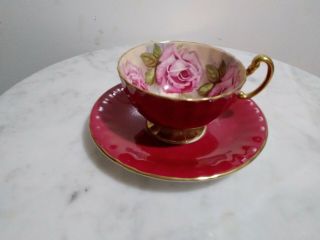 Aynsley England Burgundy Red Tea Cup & Saucer With Large Pink Cabbage Roses