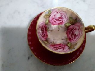AYNSLEY England BURGUNDY RED TEA CUP & SAUCER with LARGE PINK CABBAGE ROSES 2