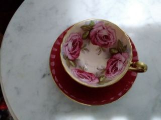 AYNSLEY England BURGUNDY RED TEA CUP & SAUCER with LARGE PINK CABBAGE ROSES 3