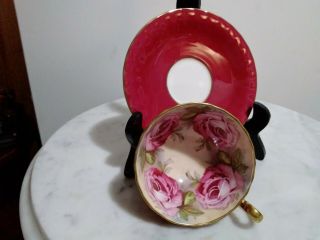 AYNSLEY England BURGUNDY RED TEA CUP & SAUCER with LARGE PINK CABBAGE ROSES 4