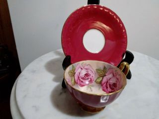 AYNSLEY England BURGUNDY RED TEA CUP & SAUCER with LARGE PINK CABBAGE ROSES 5