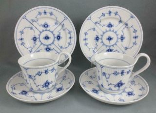 2 Royal Copenhagen Denmark Blue Fluted Plain Trios High Handle Cup Saucer Plate