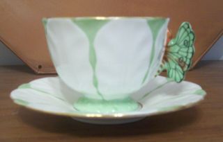 Aynsley Bone China Green Tulip Trio W/butterfly Handle & Pedestaled Foot Cup