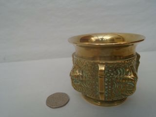 Interesting Small Antique Brass Pot With Curious Raised Heads Design Odd Curio