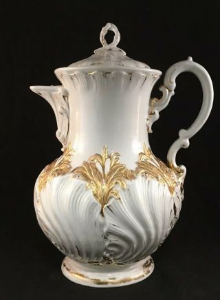 Antique Meissen Porcelain Coffee Pot Shell Foliate Mold Gold Gilt Decoration