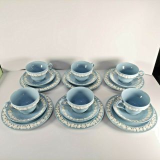 6 Set Vintage Wedgwood Embossed Queensware Blue Tea Cup & Saucer & Butter Plate.