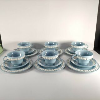 6 Set Vintage Wedgwood Embossed Queensware Blue Tea Cup & Saucer & Butter plate. 2