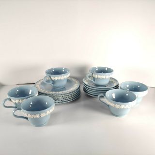6 Set Vintage Wedgwood Embossed Queensware Blue Tea Cup & Saucer & Butter plate. 6