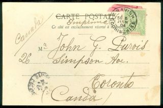 Indochina : 1904 Picture Post Card To Canada With Stamps On Both Sides.
