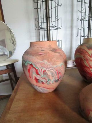 Very Old Vintage Nemadji Pottery Vase Red Black Gray Blue @ 7.  5 " H 6.  5 " W (1)