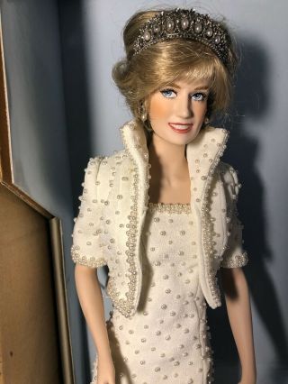 Franklin Princess Diana Porcelain Doll,  White Silk,  Elvis Pearl Gown,  Tiara