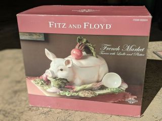Nib Fitz & Floyd French Market 4.  5 Qt Pig Tureen,  Lid,  Ladle & Platter Retired
