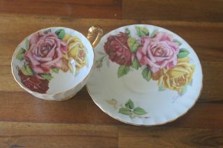 Aynsley Three 3 Large Pink Cabbage Roses Red Pink Yellow Tea cup Teacup Saucer 2