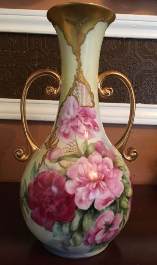 Gorgeous Large 14.  25” French Vase Hand Painted Roses Gold Overlay Artist Signed