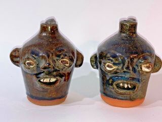 Vintage Set Of 2 Southern Face Jug Signed Matthew Hewell 5 " Tall