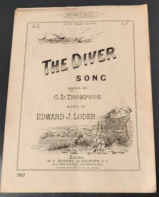 C1900s Vintage Sheet The Diver Song Deep Sea Diving Edward J.  Lodger Music