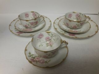3 Haviland Limoges Cups And Saucers And 2 Plates 7 1/2 " Pink Flowers
