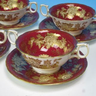Wedgwood Tonquin Ruby W2488 - 4 Handled Cream Soup Bowls And 4 Liners