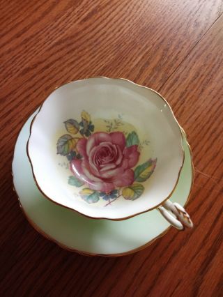 Vintage Paragon Double Warrant Cabbage Rose Green Tea Cup & Saucer Gold Tri