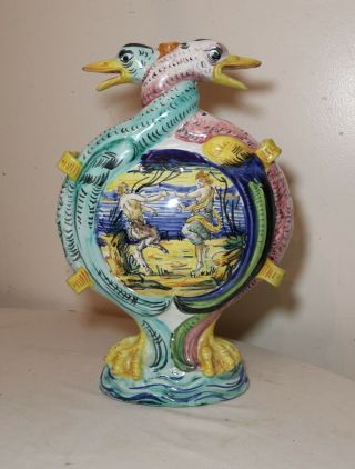 Unique Vintage Handmade Italian Majolica Figural Painted Pottery Duck Flask Vase