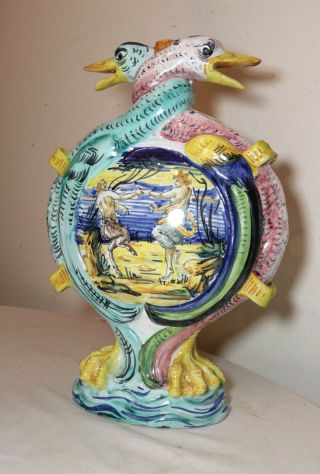 unique vintage handmade Italian Majolica figural painted pottery duck flask vase 2