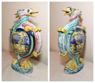 unique vintage handmade Italian Majolica figural painted pottery duck flask vase 4