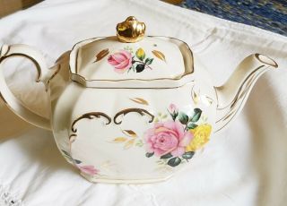 Sadler Cube Teapot,  Pink & Yellow Cabbage Roses,  1930s Sadler Tea Pot 16876