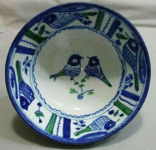 Vtg Antique Painted Glazed Pottery Footed Bowl Dish Blue & Green Birds Trees