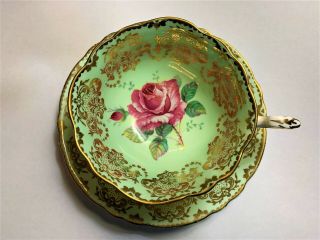 Paragon Floating Cabbage Rose Heavy Gold Gilt Light Green Cup & Saucer 2