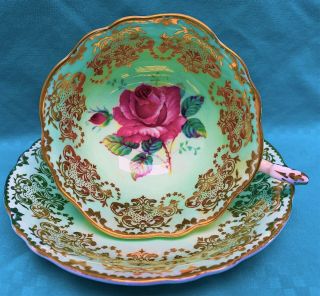 Paragon Floating Cabbage Rose Heavy Gold Gilt Light Green Cup & Saucer 3