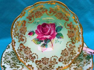 Paragon Floating Cabbage Rose Heavy Gold Gilt Light Green Cup & Saucer 4