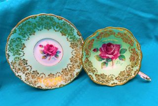 Paragon Floating Cabbage Rose Heavy Gold Gilt Light Green Cup & Saucer 5