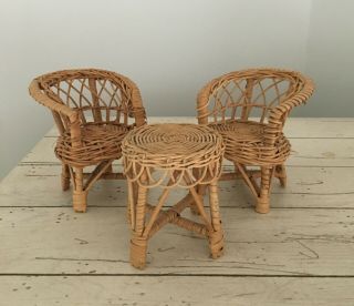 Vintage Dollhouse Wicker Furniture 2 Chairs And A Table 5 " Barbie Size