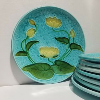 Schramberg Germany Turquoise Water Lily Majolica Dessert Plate Deco 20s Set Of 8